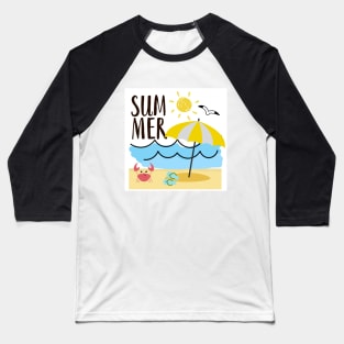 Summer, crab, parasol, slippers, beach, waves, sun Baseball T-Shirt